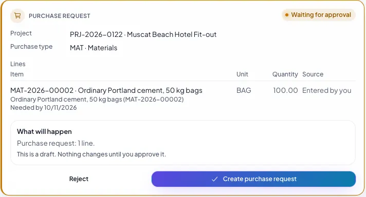 MajanERP purchase request draft prepared by AI for human approval