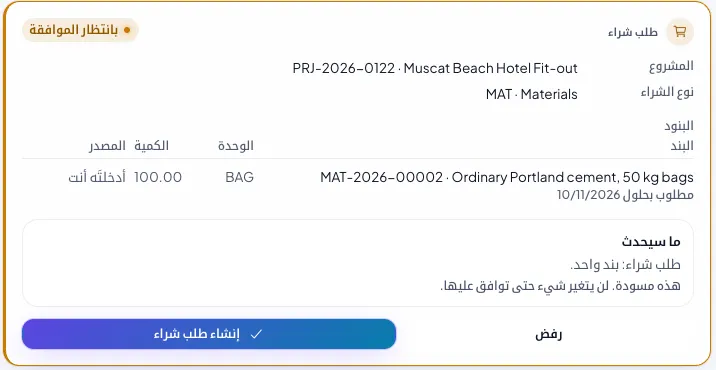 مسودة طلب شراء أعدها الذكاء الاصطناعي في ماجان ERP للموافقة البشرية